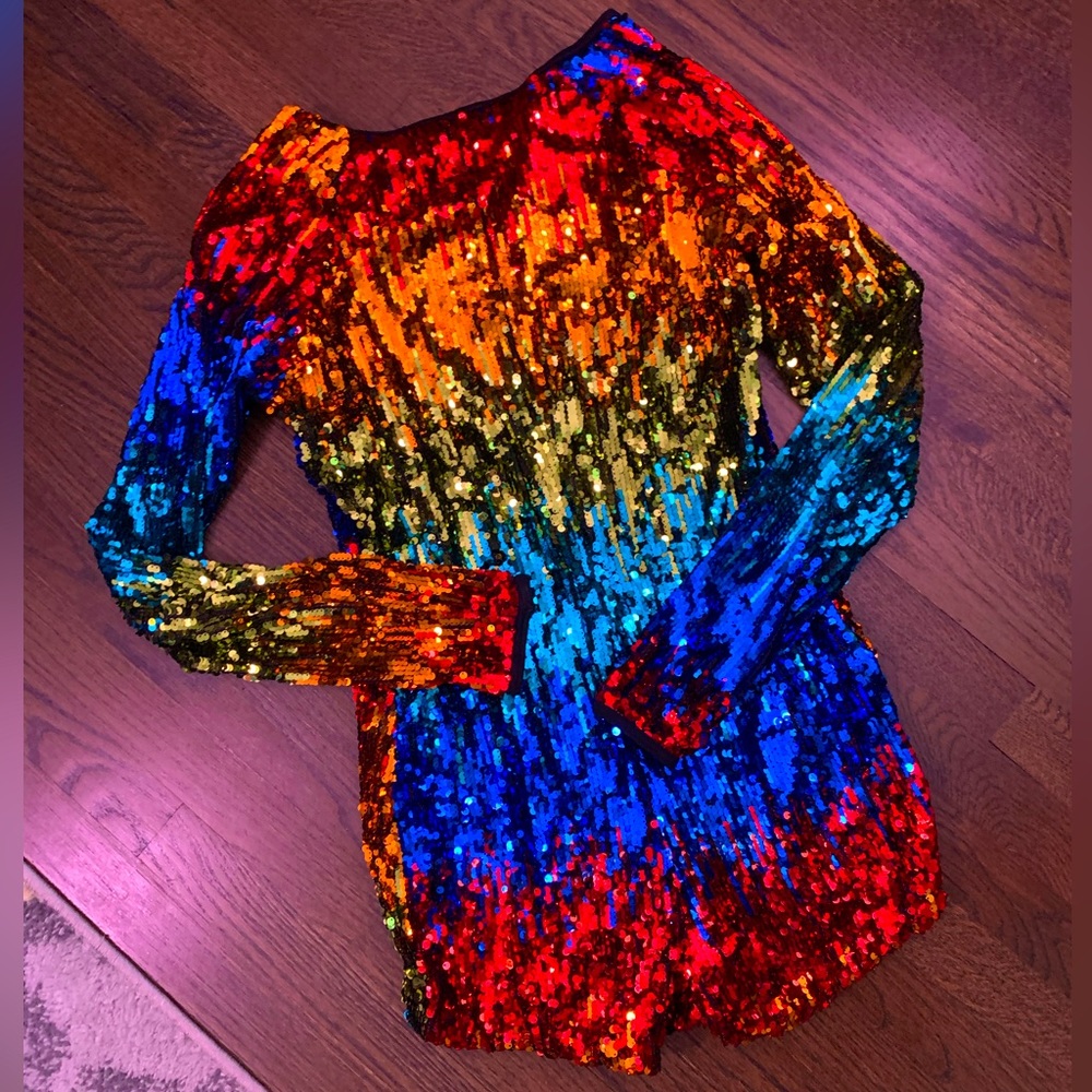 🌈 VGUC Vintage Rainbow Sequin Biketard Long-Sleeved Romper XL Weissman Costumes